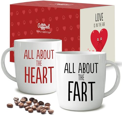 Triple Gifffted Funny Couples Gifts Heart and Fart Coffee Mugs for Anniversary Christmas Day, Engagement Gag Gift idea, Girlfriend Boyfriend Parents His Hers, Mum and Dad, Mr Mrs, Ceramic, 380ML