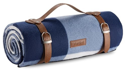 VonShef Picnic Blanket, Blue & White Tartan Outdoor Rug with Waterproof Backing, 6 Person Weatherproof Picnic Mat with Faux Leather Handle, Water Resistant Camping Accessories, 147x180cm