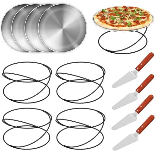 Affbei 12 Pcs Pizza Pan Riser Stands Pizza Spatula Sets Includes 4 Metal Pizza Table Stands 4 Pizza Pan and 4 Wood Handle Pie Server, Pizza Rack Stand Pizza Tray for Oven Pizza Dessert Cheese Baking