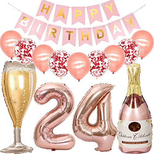 Feelairy Luftballon 24. Geburtstag Deko Frau, Rosegold Folienballon Weinflasche Sektflasche Helium Ballon Champagner Flasche, Girlande Happy Birthday Deko für Geburtstagsdeko 24 Jahre Frauen