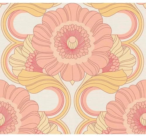 Retro Chic Floral Orange Wallpaper - Flower Vintage Trendy Stylish Contemporary - Textured Paste The Wall