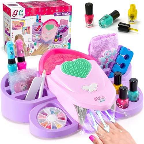 Nail Art & Hand Spa Kit for Kids Girls with Peel off Nail Varnish Nail Polish Pens Nail Dryer Press-On Nail Stickers Nail Salon Pamper Set Gift Toys for Girls 6 7 8 9 10 11 12 Years Spa Party