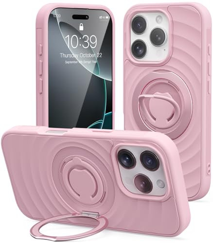 Mowei Compatible with iPhone 16 Pro Max Case, Magnetic Dual 360° Comfort Ring Grip Holder Stand, Military-Grade Drop Protection with Built in Kickstand, Anti-Slip Edge-Pink Blossom