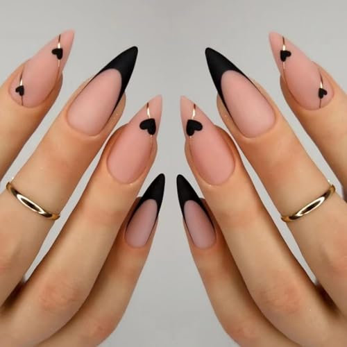 Yamobi Lot de 24 faux ongles français en forme d'amande de taille moyenne avec motif cœur noir, ligne dorée pour coller les ongles, faux ongles à coller
