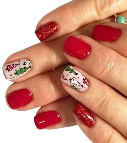 Faux ongles pailletés courts à coller sur les ongles à presser sur les ongles artificiels d'arbre de Noël