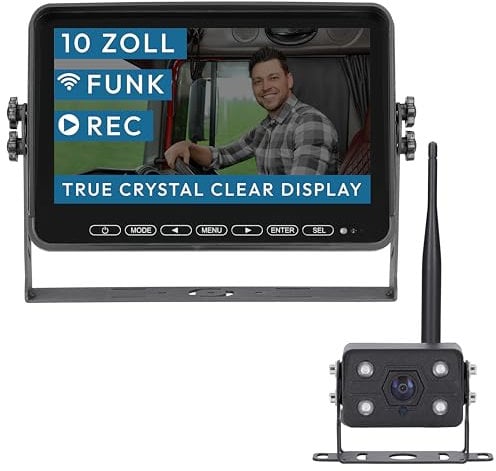 VSG24 Element Wired PRO HD Rückfahrkamera Set kabellos – 10 Vollglas Monitor, IP68 Funkkamera, 25 m Reichweite, Nachtsicht, 12V/24V