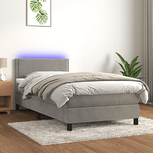 Festnight Boxspringbett 90 x 200 mit matratze und Led Bett 90 x 200 mit matratze und lattenrost Polsterbet 90 x 200 Bett mit LED Beleuchtung & kopfteil -Hellgrau-90 x 200 cm Type-2