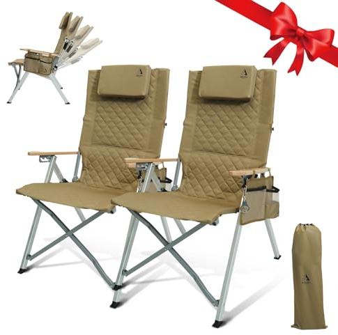 ARURU Camping Chair 4-Position Adjustable High Back Folding Set of 2 for Adults Heavy Duty 300lbs Garden Patio Reclining Outdoor Deck Chair with Side Pocket (Khaki)