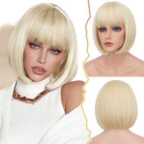 BARSDAR Kurze Blond Bob Perücke, Kurze Hell Blond Bob Perücke mit Pony für Damen 32cm Kinnlang Natürlich Aussehend Weich Synthetische Haar Replacement Perücken Halloween Party Bobs Perücken