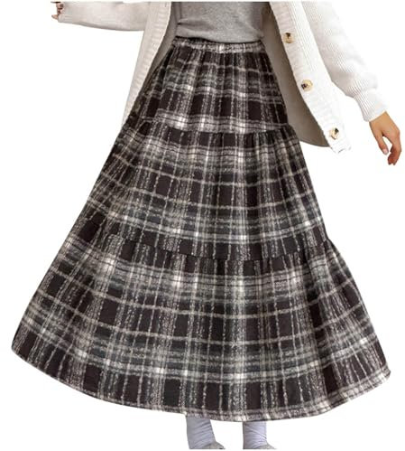 Rock Damen Winter A Linie Karierter Midi Lang Winterrock Plaid Warm Wollrock Hohe Taille Mittelalter Rock Midirock Faltenröcke Casual Elastische Unterrock Röcke
