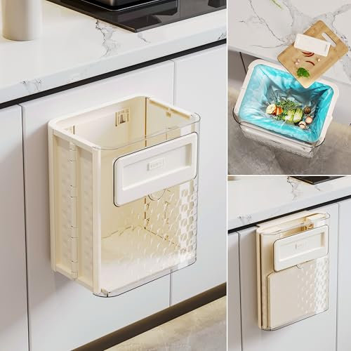 GoaePode Foldable Hanging Trash Can - Magnetic Odorless Under Sink Compost Bin for Kitchen/RV/Camping/Car, Space-Saving Countertop Waste Bin with Bag Lock Design (Cream)