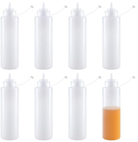 MOUYAT 8 PCS 32 oz Plastic Sauce Bottles, 1000ml Large Plastic Squeeze Bottles with Nozzles Refillable Squeeze Condiment Bottle with Measurements for Sauces Ketchup Salad