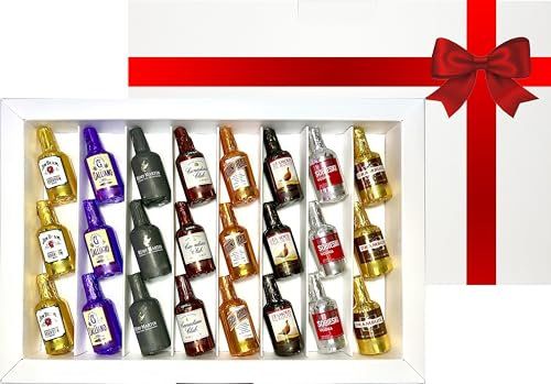 Botellitas de Chocolate Rellenas de Licor - Nueva Edición 2025 Con Nuevos Sabores - Incluye Caja con Lazo Rojo con 24 Botellitas WikiMark. Regalo Para Navidad, Enamorados, Día del Padre o Cumpleaños.