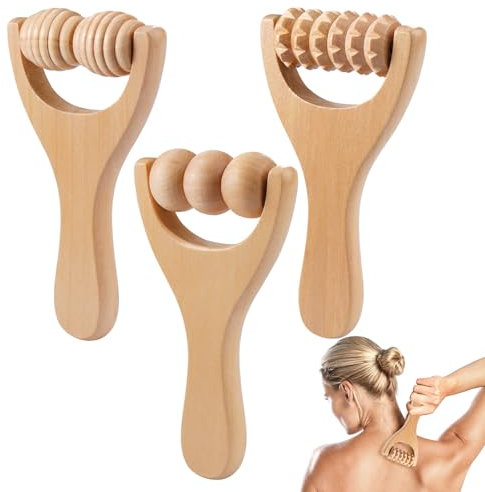 3 Pièces Masseur à Rouleaux à Trois Roues à Deux, Kit de Rouleau de Massage Portable en Bois, rouleau de Massage à Main en bois Qualité Supérieure Outils, pour les Muscles du Dos