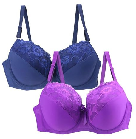 pct-off 50-70 clearance 2 Pack Bras for Women Plus Size Push Up Underwire Comfort Wireless Seamless Multipack Bralette Sexy Padded Lace Bras strapless push up bra for large bust Dark Blue 38E