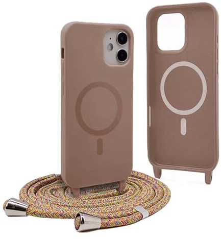 YFSYLL Handykette Hülle für iPhone 12 mit Band,Magnetische Silikon Handyhülle Kompatibel mit MagSafe,Handyhülle für zum Umhängen Einstellbar und Abnehmbar - Braun