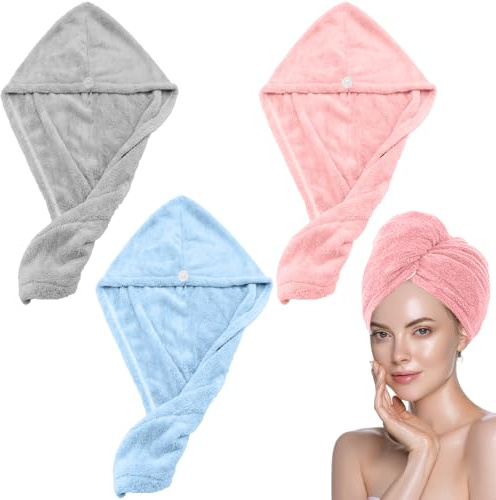 Scettar 3 Pièce Serviettes de Séchage en Microfibre Super Absorbantes, Serviette Seche Cheveux avec Bouton, Turbans Super Absorbants pour Femmes, Doux Anti-frisottis à séchage (Gris, Rose, Bleu)