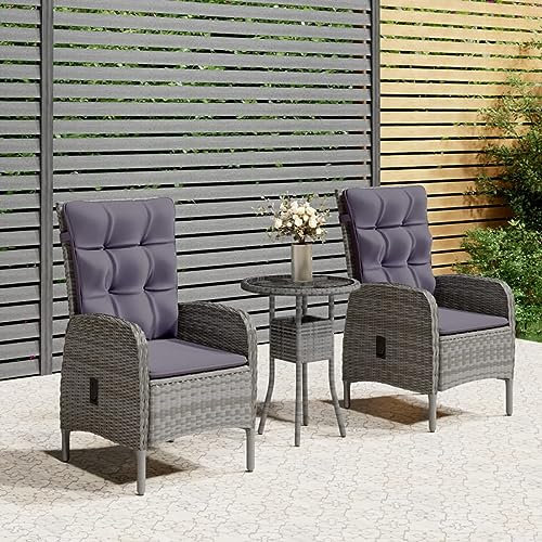 IKAYAA Gartensessel Polyrattan Verstellbar 2 STK Balkonmöbel Set mit 1 Tisch & 2 Verstellbare Hochlehner Stühlen loungesessel Outdoor relaxstuhl polyrattan Sessel Garten liegestuhl-Grau-3-tlg