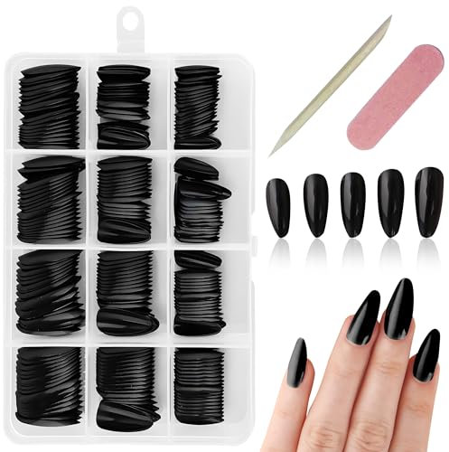 240Pcs False Nails Black Almond Stick On Nails for Women Press On Stiletto Nails Natural Black False Nails Short Almond Home Nail Salon Fake Nail