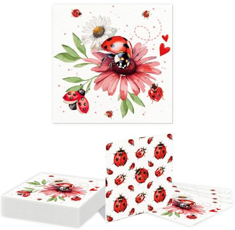 Kotkiddy 20 Pezzi tovaglioli di Carta Coccinella Acquerello Set tovaglioli di Carta USA e Getta Nero Rosso Piccolo Coccinella