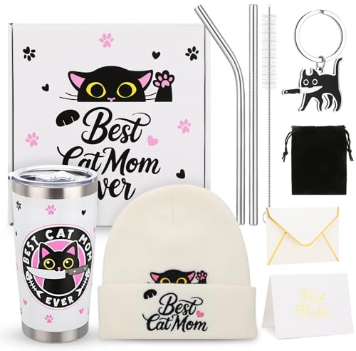 Vyuwast Geschenk für Katzenliebhaber,Katzenmama Geschenke inklusive 600ml Travel Mug Katzenmütze Katze Schlüsselanhänger Grußkarten