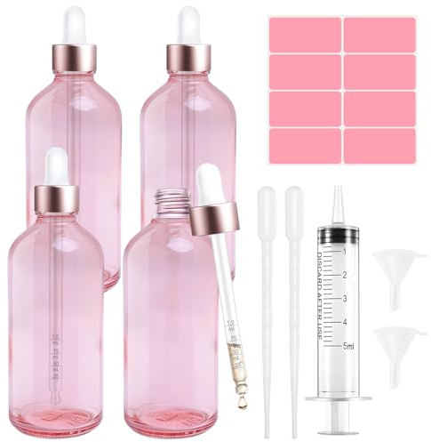 Bohoray 4PCS Flacon Pipette Or Rose, 100ml Compte Gouttes Pipette avec 6 accessoires auxiliaires, Flacons à pipette en verre pour Huiles Essentielles, huiles parfumées, Colorants Liquides, Cosmétique