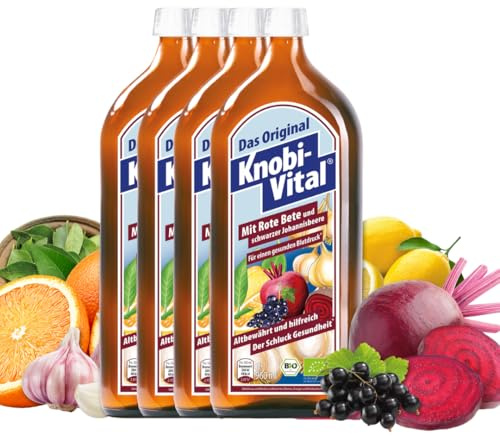 KnobiVital mit mit Rote Beete & schwarzer Johannisbeere Bio (3+1 Aktion: 4x960 ml) | Hochkonzentrierter Knoblauchsaft mit Kalium, Vitamin C und Eisen | Für Blutdruck & Immunsystem
