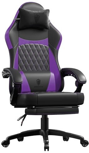Dowinx Gaming Chair for Adults, Ergonomic Gaming Chairs with Footrest & Linkage Armrests,Game Chair mit Massagefunktion, Breathable Soft Leather Gamer Chair,Adjustable 90°–145°Recline,Purple