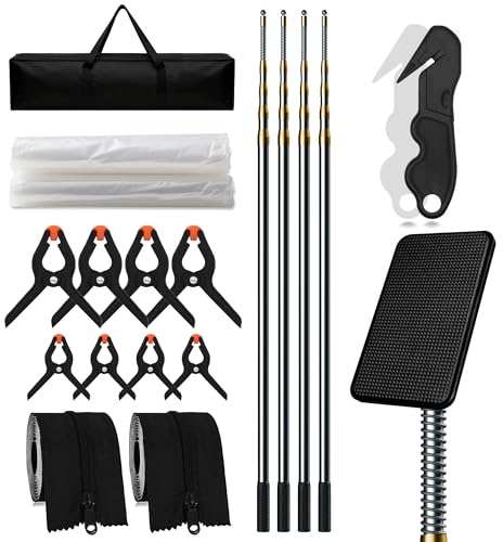 MAYOKEN® Staubschutzwand mit Reißverschluss – Staubschutztür-Set mit 4 Teleskopstangen (bis 4,8 m/16 FT), 3 mil PE-Folie, 2 selbstklebenden Reißverschlüssen für Baustelle & Renovierung