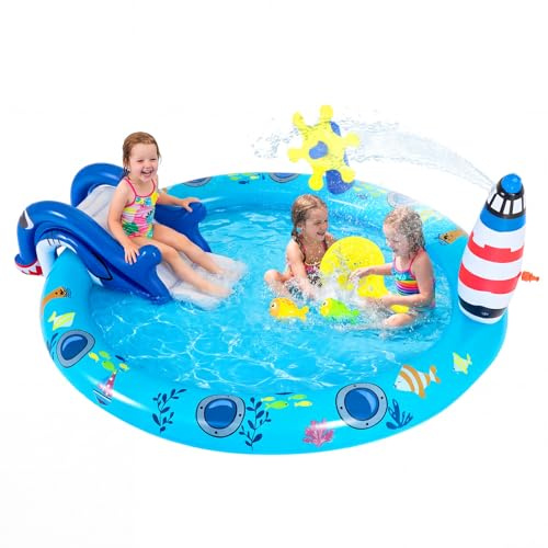 COSTWAY Planschbecken für Kinder, aufblasbarer Kinderpool mit Rutsche | Schwimmbecken Kinder, Swimmingpool mit Sprühdüse in Leuchtturmform, Kinderplanschbecken für Garten, 188 x 153 x 63 cm