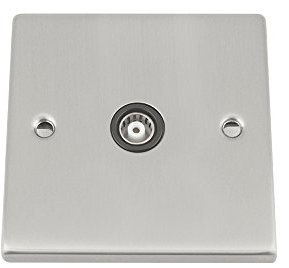 TV Coaxial Aerial Socket Single 1 Gang - Satin Chrome - Black - Square