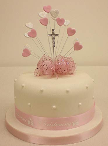 Cake Decoration Heart Burst Pink - Christening, Diamante Cross Cake Topper