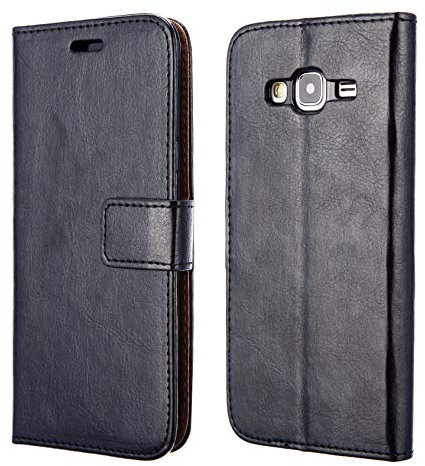 AMAZE!UK Compatible With Samsung Galaxy J3 2016 Case Black Premium Leather Protective Slim Shockproof Wallet Flip Phone Cover (Galaxy J3 2016) Card Holder, Kick Stand, Magnetic Closure