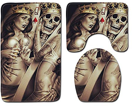 ZDStore Schönheit Und Totenkopf Badematten Set saugfähig 3-teiliges Badvorleger Set rutschfeste Unterlage und Kristallwildleder,B:50x80cm