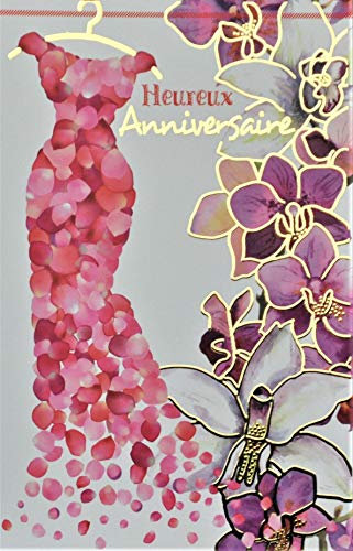 AFIE Carte Heureux Anniversaire Femme Robe Pétales Fleurs Orchidées Roses avec Dorure Or Doré Fabriqué en France 65-1234