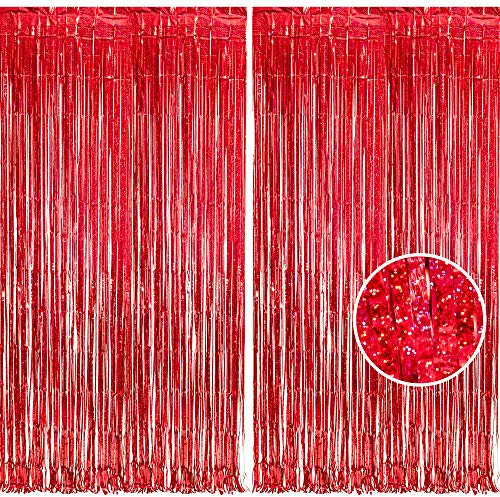 BRAVESHINE 2PCS Red Foil Fringe Curtain Backdrop, 8ft Sparkle Tinsel Metallic Curtains for Birthday Graduation Photo Booth Backdrop Valentines Christmas Halloween Mexican Circus Party Decorations