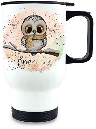 ilka parey wandtattoo-welt Thermobecher Isolierbecher Eule Eulchen auf Ast rosa Hintergrund & Wunschname Name Kaffeebecher Geschenk tb292 - ausgewählte Größe: *Thermobecher*