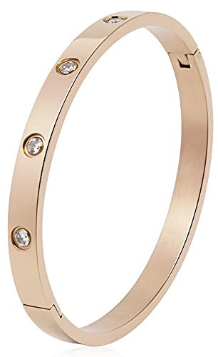 Luxury Gold-Plated Stainless Steel With CZ Stone Simple Style Love Bangle Bracelet for Women Men (Rose FullCZ in size 16)