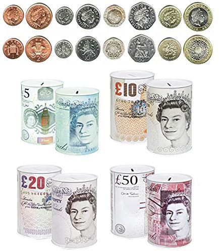 2 X £50 Sterling Bank Note Money Tin -Piggy Bank, Coin Tin, Cash, Savings, Money Box, Birthday Money, Holiday & Christmas Fund (Set of 2 £50)