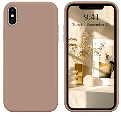 DOMAVER Liquid Silikon Hülle für iPhone X/iPhone XS, Handyhülle iPhone XS Case, Kameraschutz und Bildschirmschutz Rundumschutz, Ultra Dünne Weichem Stoßfeste Kratzfest Schutzhülle, Braun