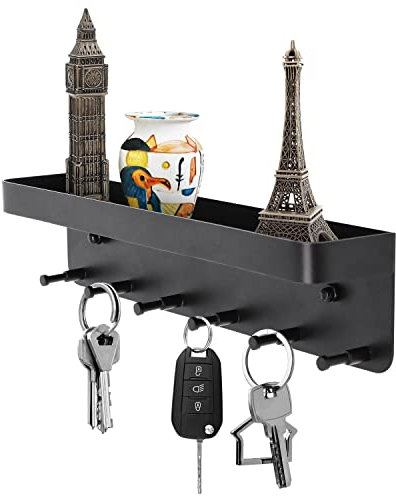 joeji's Kitchen Porte Clef Mural avec étagère - 6 crochets à clés - Support clef mural pour vos objets - Range clé installation sans perçage - Noir