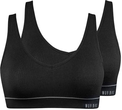 Nur Die 2er Pack Retro Bustier sportlich ohne Bügel bügelloser BH Bra Unterwäsche Damen, schwarz, L