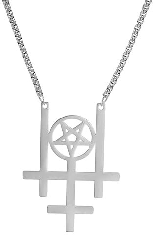 VASSAGO Halskette mit dreifachem umgekehrtem Kreuz-Pentagramm-Anhänger, Edelstahl, umgekehrtes Kreuz, Satan, Wicca, Talisman, Schmuck, Geschenk für Männer und Frauen (Silber)