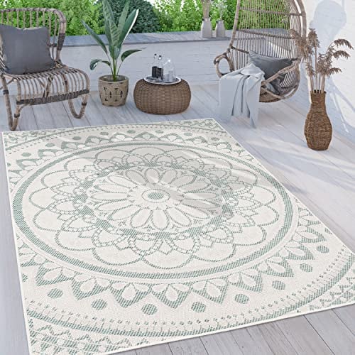 Paco Home Outdoor Teppich wetterfest & robust modernes Mandala & Boho Design pflegeleicht & flachgewebt für Balkon, Terrasse, Garten, Wohnzimmer & Küche Ethno Mandala, Grösse:240x340 cm, Farbe:Türkis