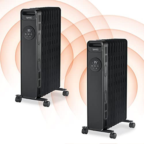 Igenix IG2621BL/2PACK Digital Oil Filled Radiator, 2kW/2000W 9 Fin Electric Heater with Remote Control, 3 Adjustable Heat Settings & Overheat Protection, 2000 W, Black, Pack of 2