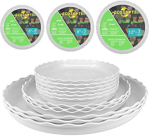 ECOESPTI 12 Stück Pflanzenuntertassen, 15,2 cm, 20,3 cm, 25,4 cm, langlebige Kunststoff-Pflanzschalen für Töpfe, weiße runde Blumentopf-Untertassen, Abtropfschale für den Innen- und Außenbereich