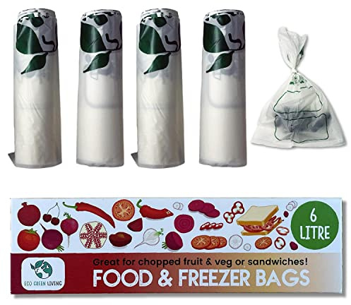 Eco Green Living 6L Food & Freezer Bags. Suitable for Freezing, Fridge & As Sandwich Bags They Are Fully Compostable & Biodegradable. Plastic Free. Tie Top With Labelling Space, 50cm x 24cm 80 Bags
