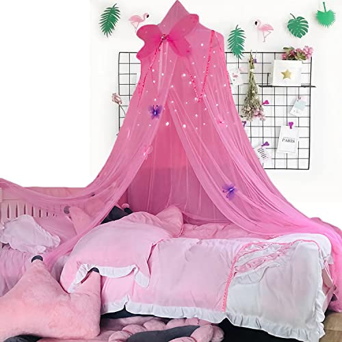 Eimilaly Prinzessin Bed Canopy für Mädchen Zimmer Dekor, Mädchen Bett Canopies & Drapes mit Schmetterling Dekor, Double Sheer Top Design, Pink with Big Butterflies