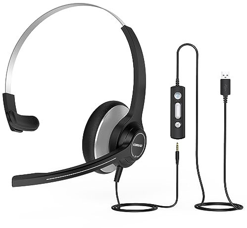 KONNAO USB-Headset mit Mikrofon für PC, 3,5 mm/Typ C kabelgebundenes Computer-Headset mit Noise Cancelling Mikrofon, Stereo-Kopfhörer mit Mikrofon, In-Line-Bedienelemente, Arbeits-Headset für Skype