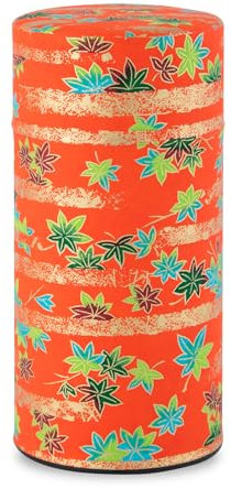 NOREN Boîte à thé japonaise en étain (papier Yuzen Washi – Feuilles d'automne/rouge), taille 200 g/fabriquée au Japon avec couvercle intérieur hermétique anti-humidité/bocal de cuisine pour feuilles